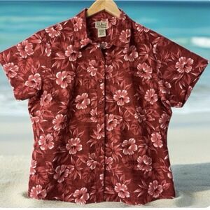 L.L. Bean Button Down Shirt Women Large Red Hibiscus Floral Coolmax Performance
